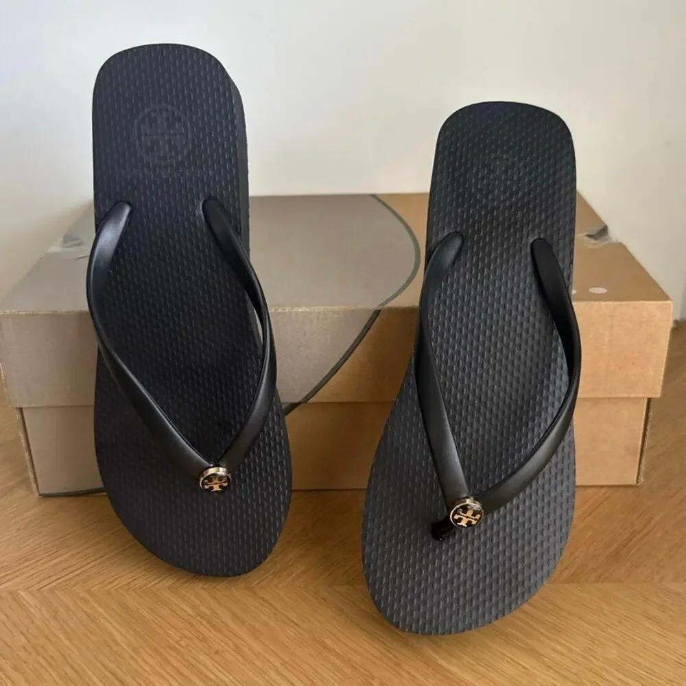 Tory Burch Black/Gold Women Slip On Wedge Sandals- SZ 7